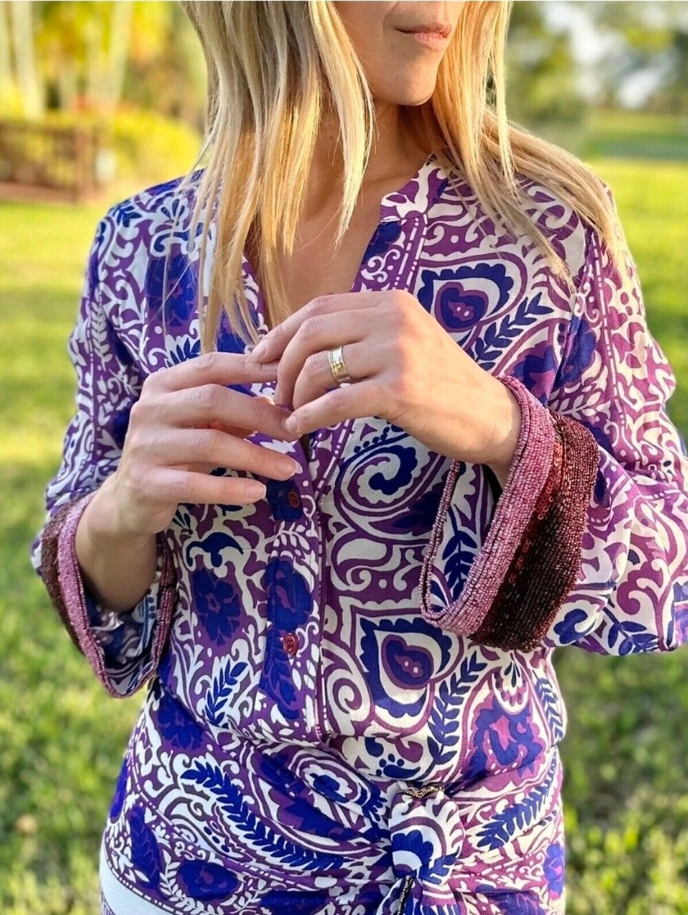 NWT! Zara Purple and White Paisley Button-Front Blouse Size S